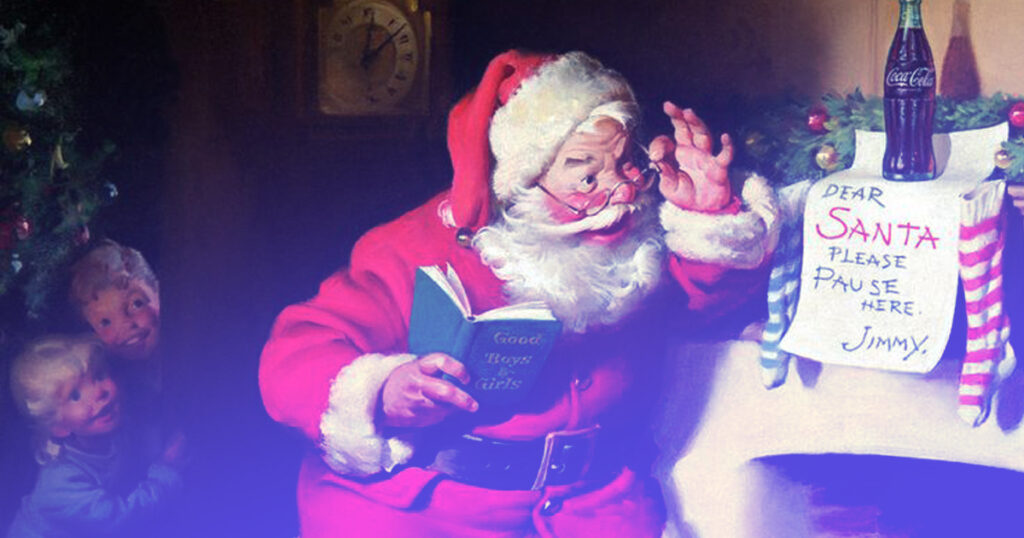 Santa finding a Coke on the mantelpiece