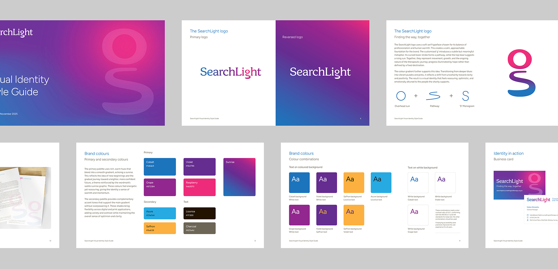 Sample pages from the SearchLight brand guidelines