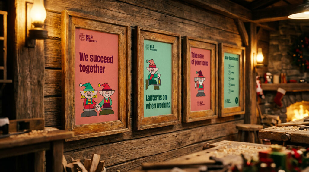 Elf assembly workshop posters on a wall