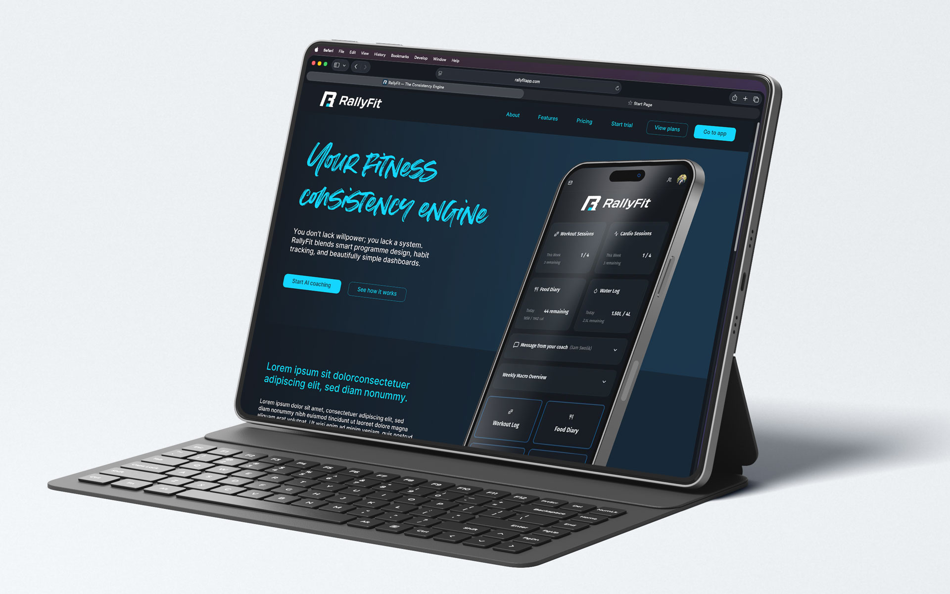 RallyFit website on a smart tablet