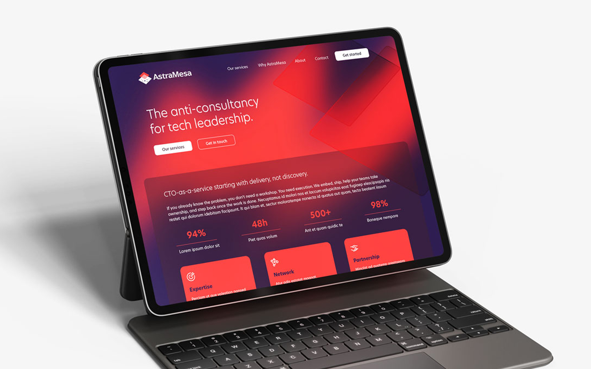 The AstraMesa website homepage showing on a laptop screen